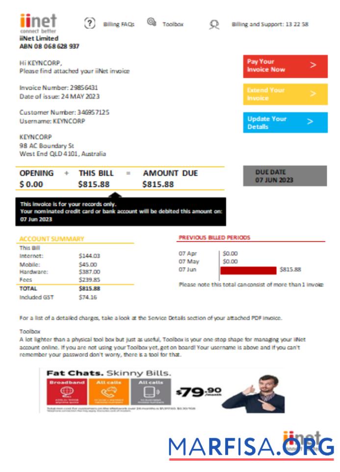 Blank iiNet utility business bill, SCR real example